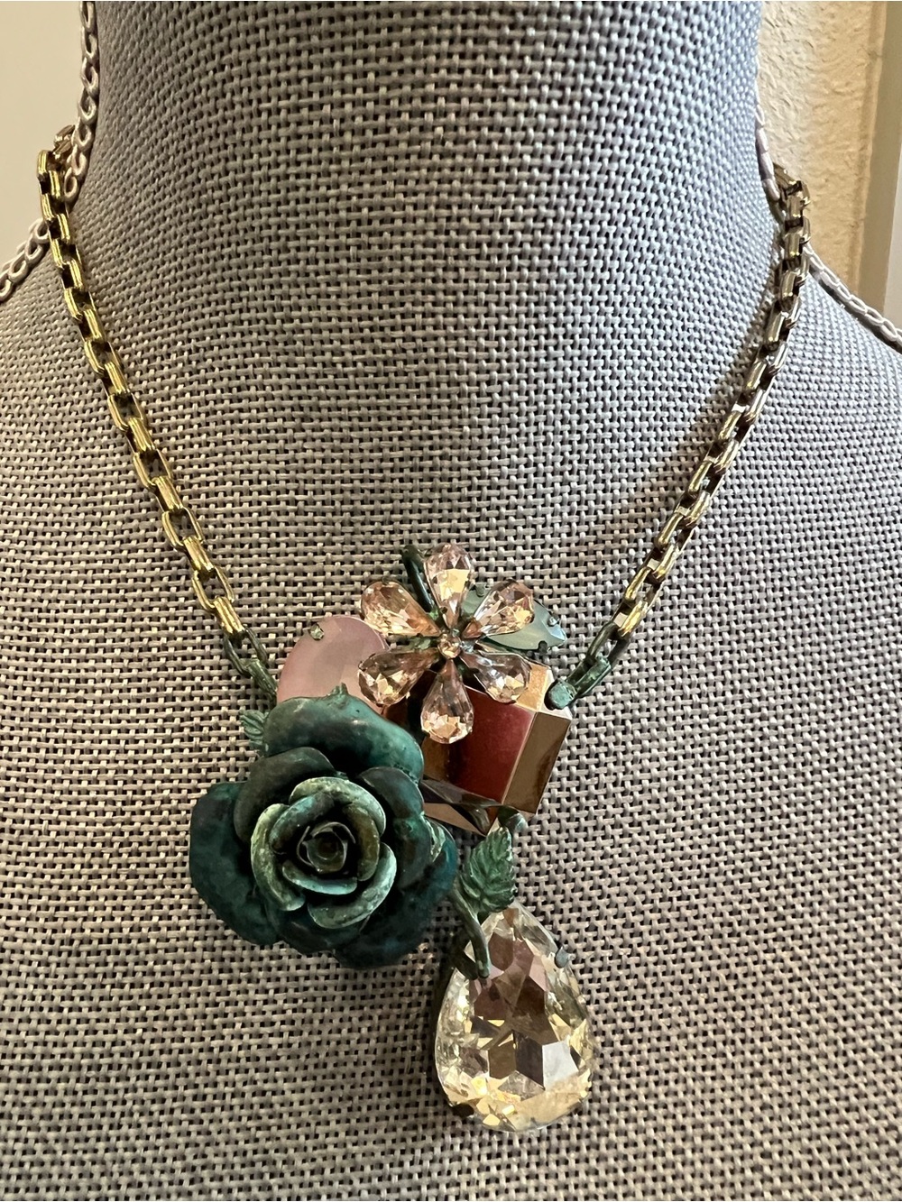 Betsey Johnson Metal Turquoise-Patina Rose and Crystal Drop Pendant Necklace - Picture 2 of 8